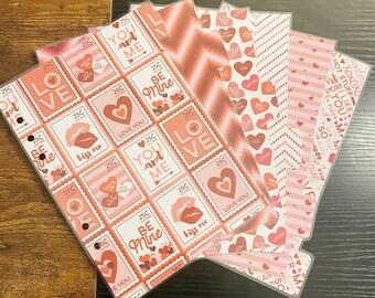 A5 Sized Dark Red Pink White Postage Stamp Valentines Love Kiss Heart Laminated Dividers For A5 Filofax Large Kikki-k Recollections Planner