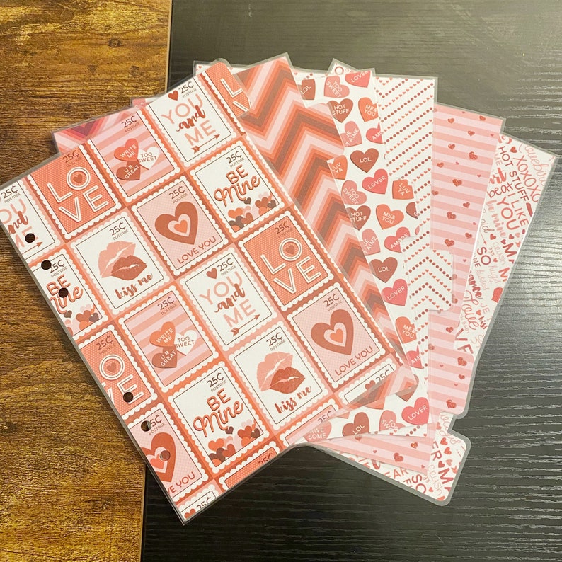 A5 Sized Dark Red Pink White Postage Stamp Valentines Love Kiss Heart Laminated Dividers For A5 Filofax Large Kikki-k Recollections Planner image 1