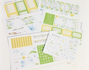 40% OFF SALE 0019 - 6 Sheet EC Inspired Weekly No White Sticker Set Green Yellow Blue Dandelion Weekly Sticker Kit Erin Condren Planner