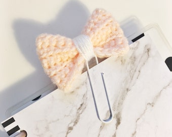 Mini Light Pastel Peach with White Sparkly Center Crochet Bow Planner Clip Clippie Planner ECLP Happy Planner Filofax