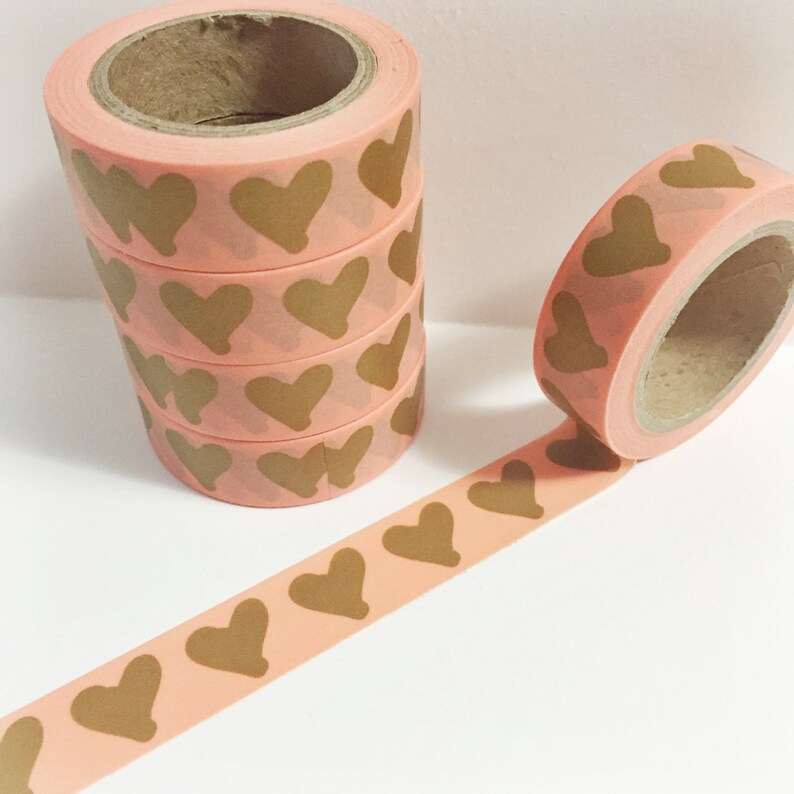 Bright Orange Coral Orange With Gold Painted Hearts Washi Tape 11 yards 10 meters 15mm image 2