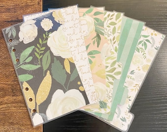 Double Sided Personal Sized Laminated Dividers For Filofax Medium Kikki-k Planner Painted Flowers Gold Foil Leaves Stripes Watercolor Flower