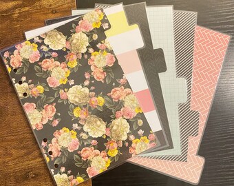 A5 Sized Colorful Floral Stripes Chevron Pink Yellow Mint Black White Laminated Dividers For A5 Filofax Large Kikki-k Recollections Planner