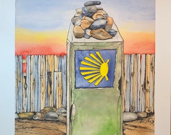 Hand Painted Watercolor and Ink Santiago Camino Scallop The Way Marker Painting High Quality Art Print