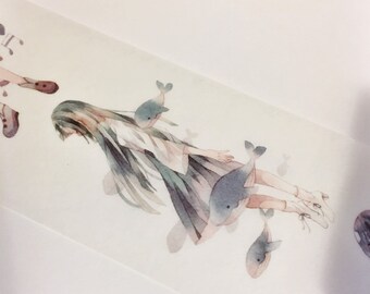 Dark Watercolor Girls School Girl Dresses Umbrella Whales Reading Violin Clouds Space Washi Tape 5.5 yards 5 meters 40mm