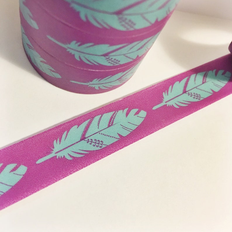Bright Purple and Blue Feathers Blue Feather Purple Washi Tape 5.5 yards 5 meters 15mm Pastel Green Pastel Mint Green Lace image 1