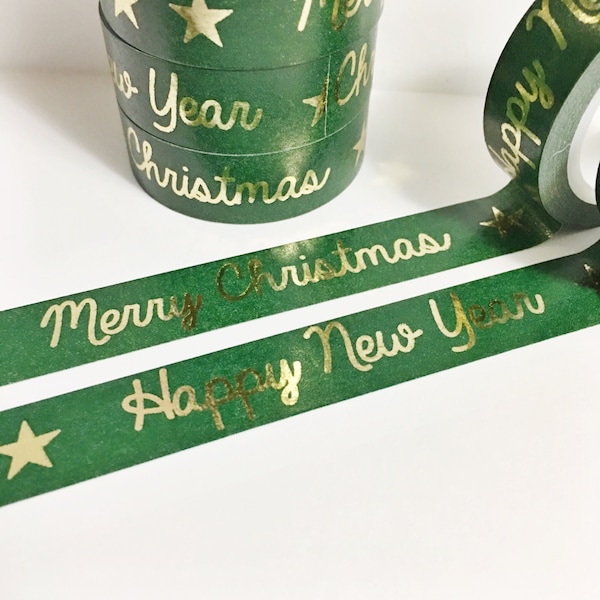 Christmas Dark Green Washi With Gold Foil Merry Christmas Happy New Year Stars Gold Foil Washi Tape 11 yards 10 meters 15mm