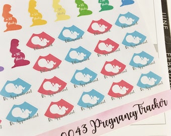 Op de afbeelding: Een set kleurrijke zwangerschapstracker-stickers met verschillende ontwerpen, waaronder een zwangere vrouwensilhouet, een baby in een echografiebeeld en een doktersafspraak-icoon. De stickers zijn gelabeld met het aantal weken van de zwangerschap en de tekst "0043 Pregnancy Tracker".