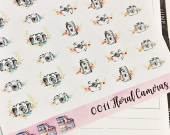 0011 Watercolor Floral Hand Drawn Cameras Sheet of Stickers Planner Stickers Erin Condren Life Planner Happy Planner Accessories