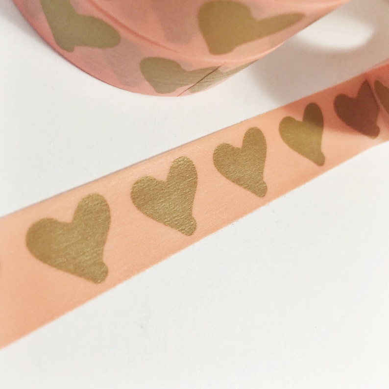 Bright Orange Coral Orange With Gold Painted Hearts Washi Tape 11 yards 10 meters 15mm image 1