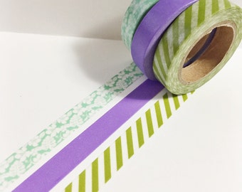 Set of 3 Mint Floral Olive Green Stripes and Solid Purple Skinny Washi Tape 11 yards 10 meters 10mm