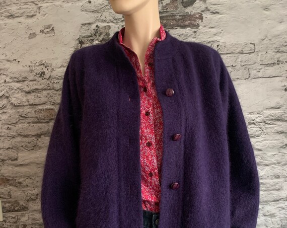Vintage cardigan | eighties | angora  | purple | vest | oversized  | made in Korea | raglan | size M - L
