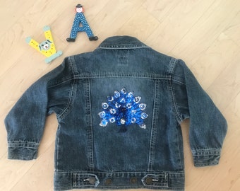 Vintage jeans jacket | up cycled jacket | kids jacket | Vintage kids | peacock application | spangles | beads | 2T 3T