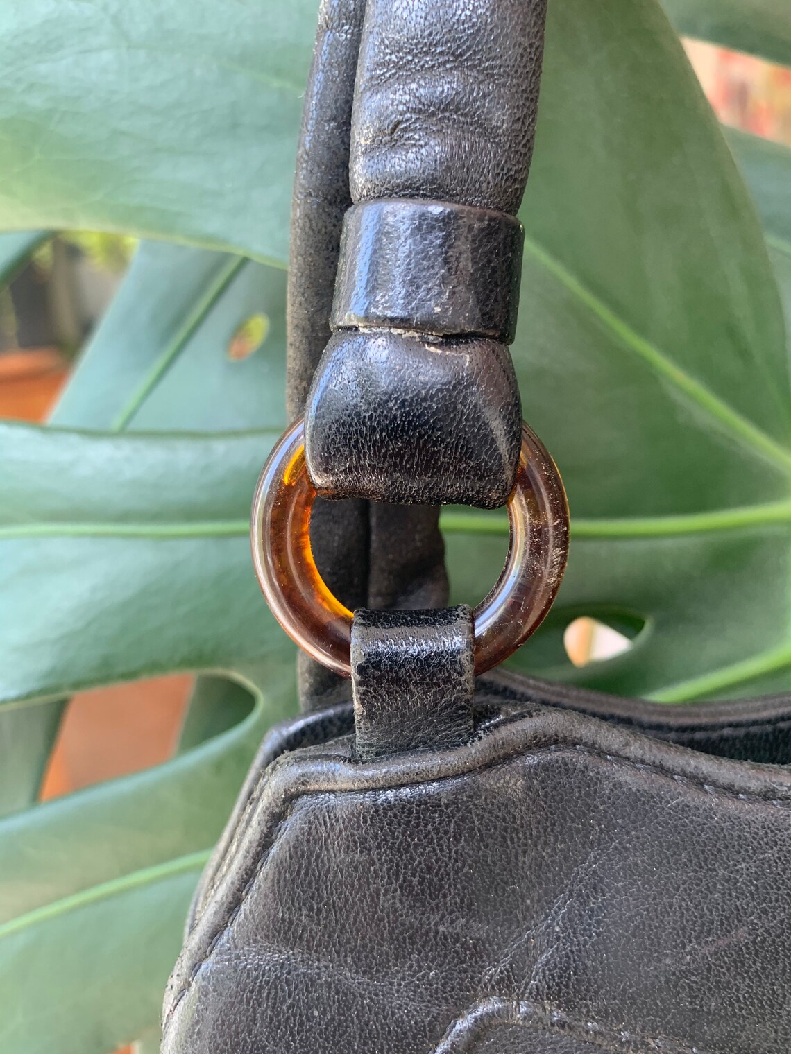 Vintage handbag | fifties purse | black leather | by Karim | bag | top handle | fifties | lucite buckles, foto 4 di 5