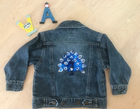 Vintage jeans jacket | up cycled jacket | kids jacket | Vintage kids | peacock application | spangles | beads | 2T 3T