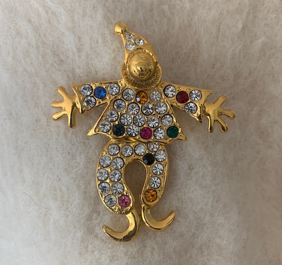 Vintage clown brooch | pin | gold | rhinestones | jewelry | wiggling legs |  sparkly
