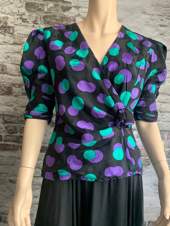 Vintage silk blouse | Murek / polkadot | purple | green | wrap top | size 40 / M