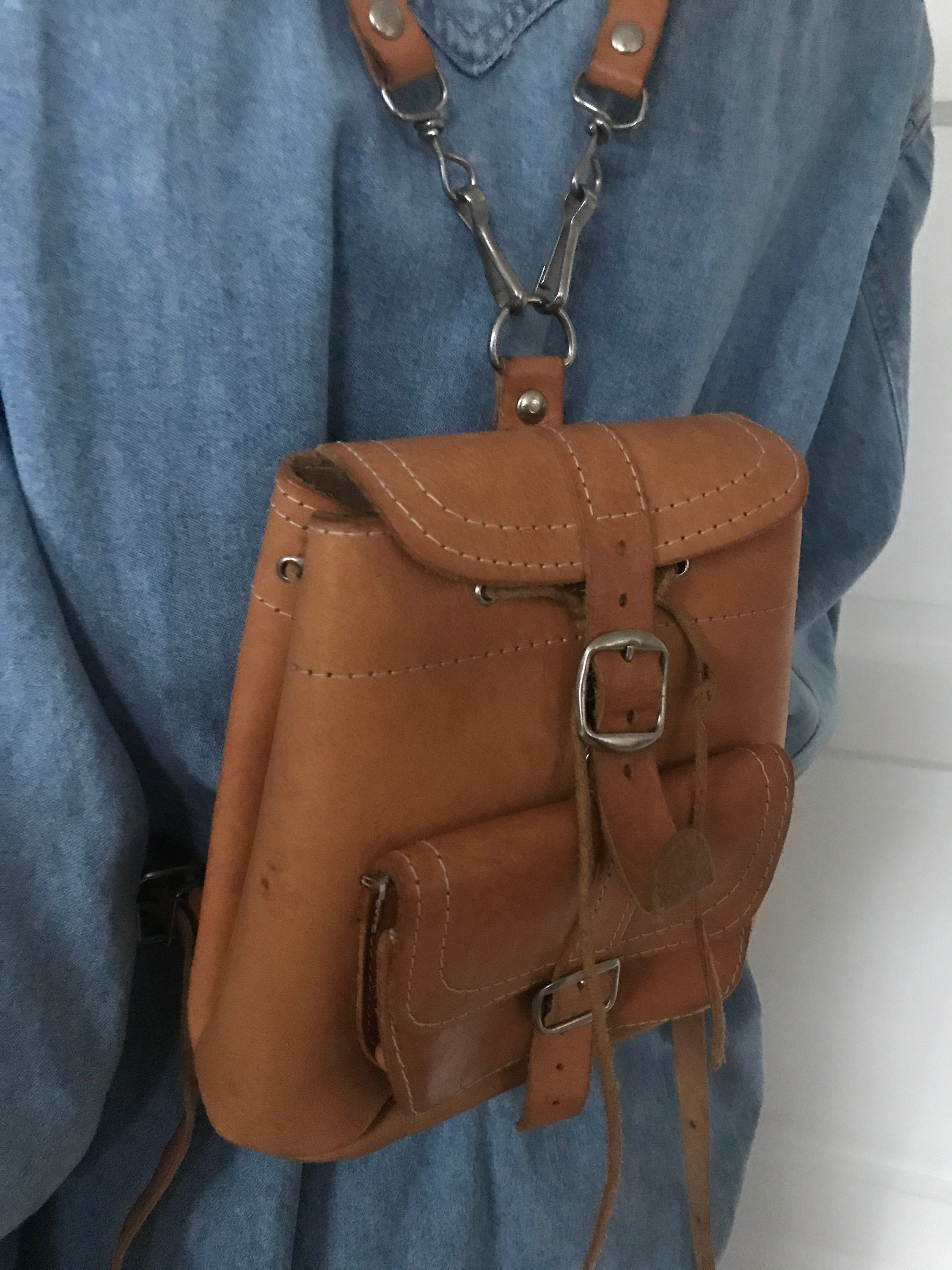 Vintage backpack small backpack leather little bag brown leather