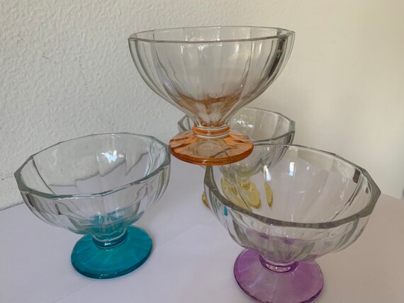 Vintage coupe glasses | colored feet | set of 4 | Made in France | rare set | Toasting Glasses | Cocktail