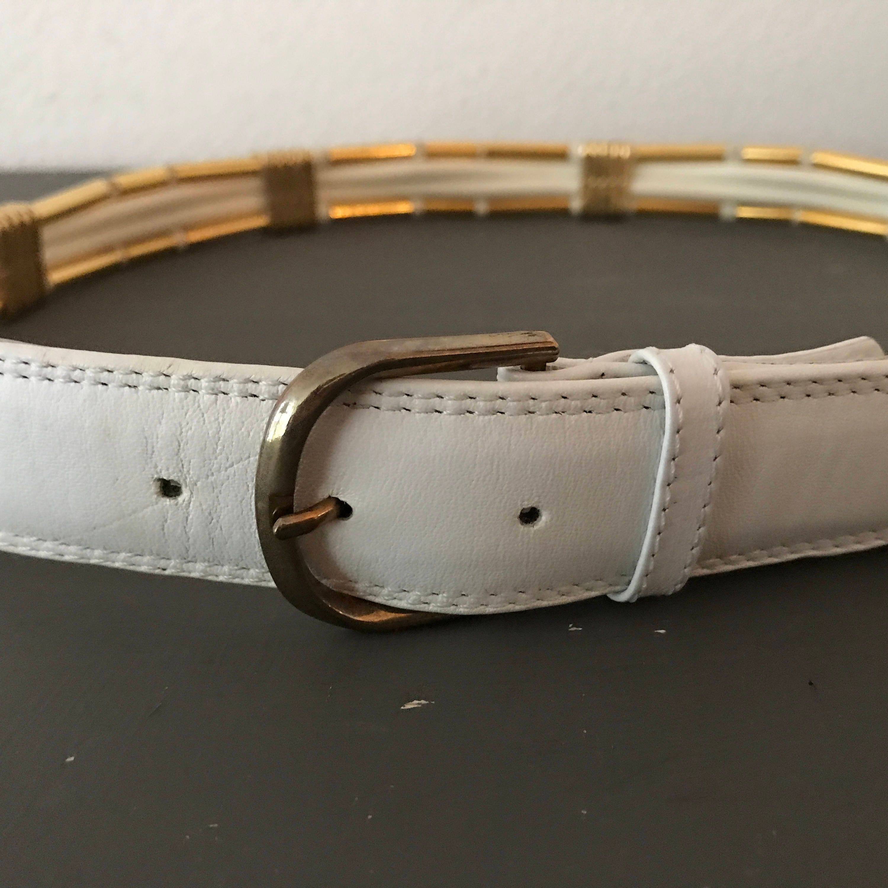 Vintage Jutta Reissig White Leather Belt: Gold Details 