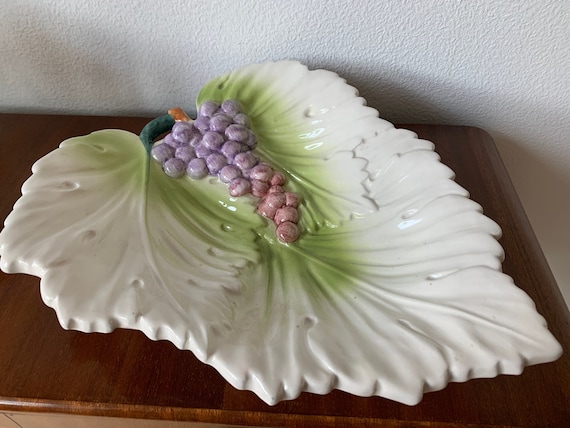 Vintage grape leaf bowl | ceramic | majolica | barbotin | grape leaf platter | porcelain | wall decoration | France | pottery | sixties