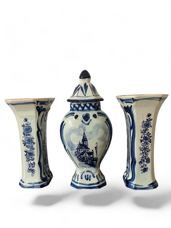 Cupboard set | Delft pottery style | set of 3 | white and blue |  Dutch | vintage | seventies | vases | jar | handmade