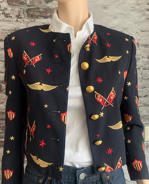 Vintage Mondi jacket | darkblue | golden buttons | golden embroidery | stars | wings | eighties | short | small size | West Germany | EU 34