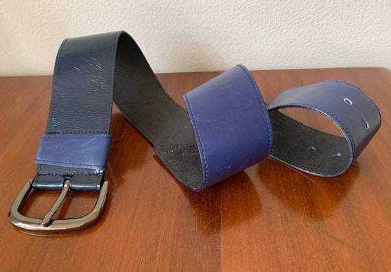 Vintage belt | blue leather | dark blue patent leather | metal clasp | combination | Adolf München
