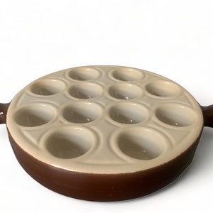 Snails plate | snaile dish | escargots plate | ceramic | Emile Henry | France | escargots | brown | beige  | sixties | porcelain | 12 holes