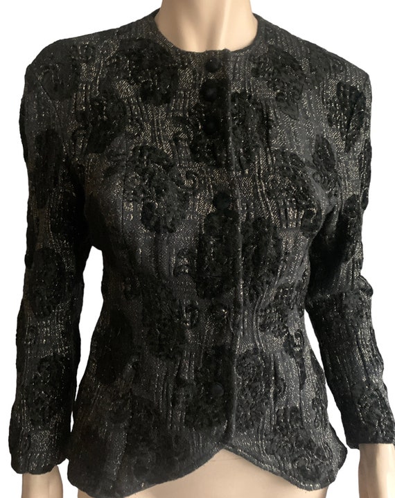 Atos Lombardini | jacket | colbert | vintage | black | paisley flock print | Italian designer | S - M