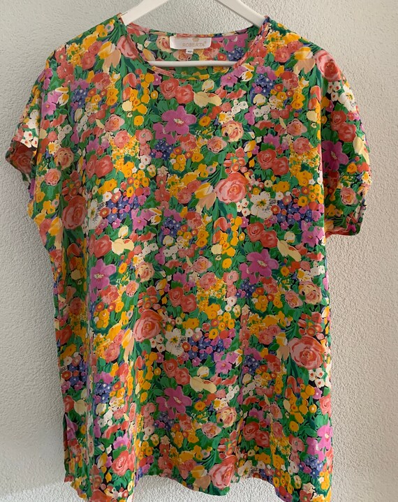 Contessa Roberta silk top | blouse | flower print | cropped sleeve | vintage | size EUR 42 | L
