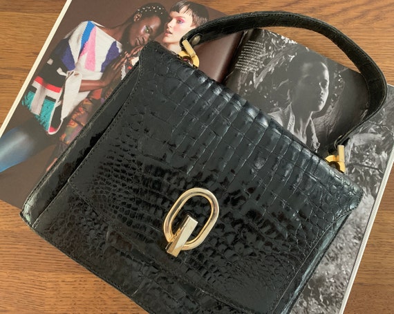 Vintage handbag | patent leather | black stylish bag | snake leather print | nineties