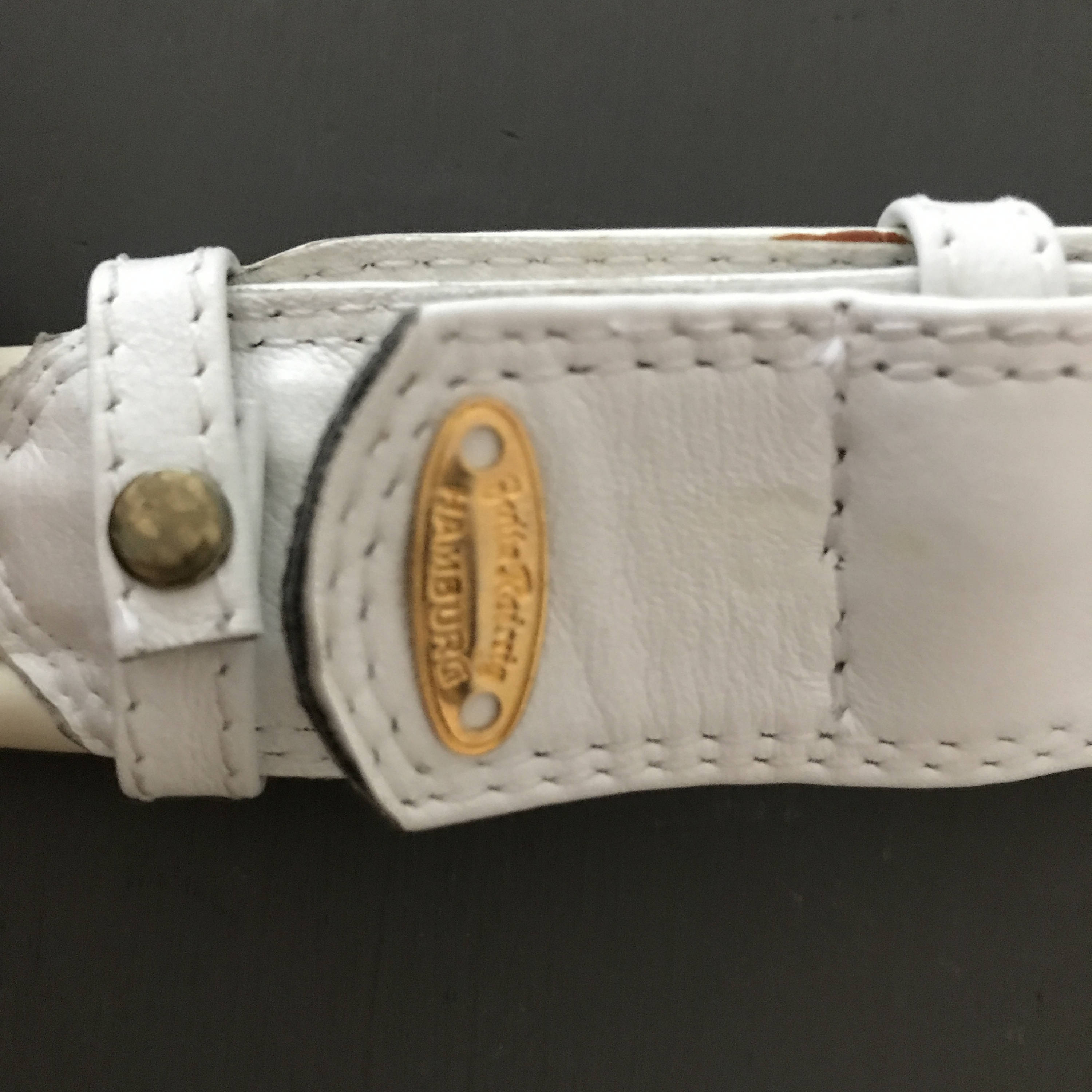 Vtg JUTTA REISSIG Leather Belt w/Wrapped Chain Inlay Sz M Olive/Silver Germany Vintage Jutta Reissig White Leather Belt: Gold Details  main image 2