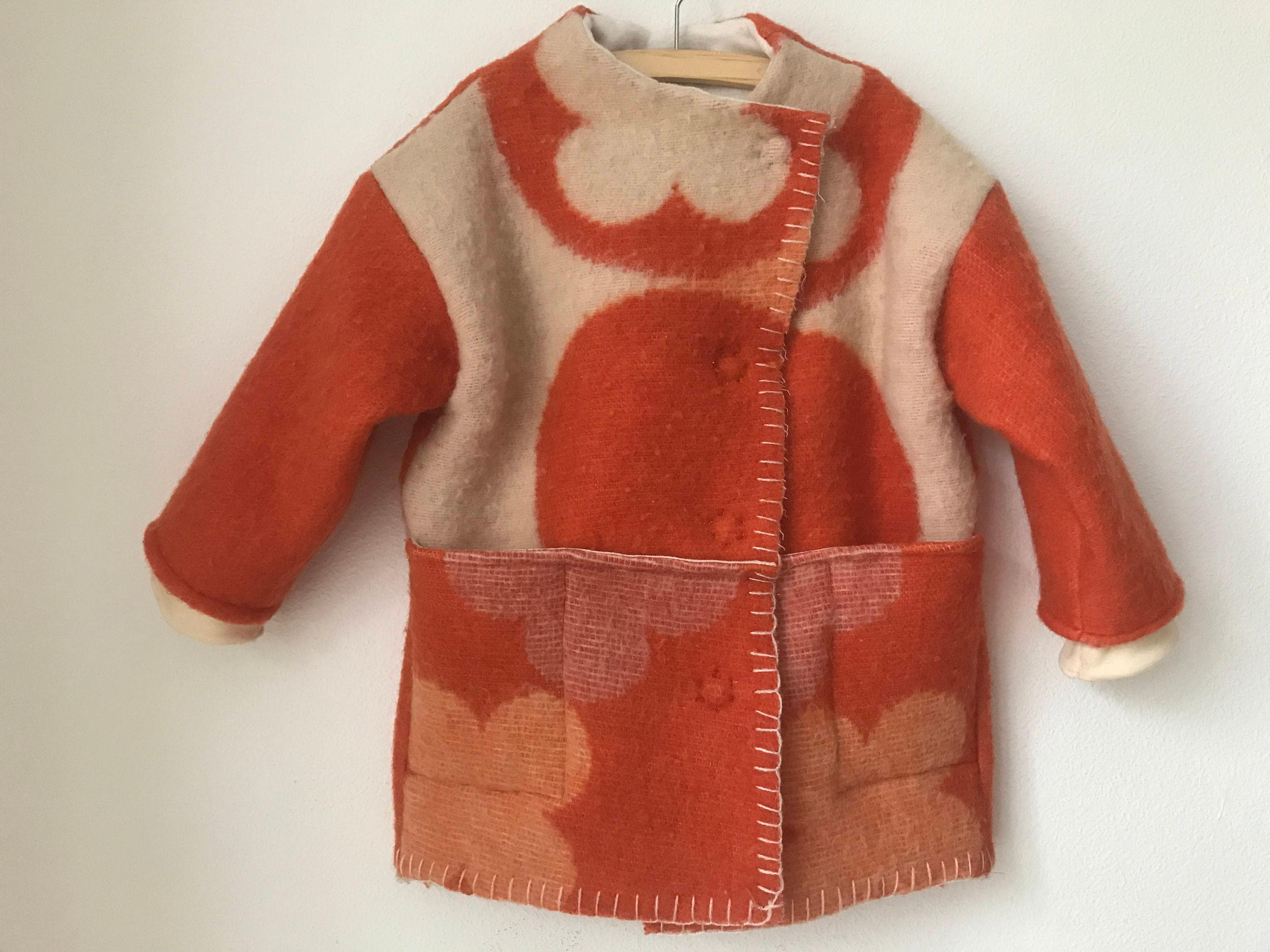 RESERVED MURIEL Girls jacket, blanket coat made of vintage wool blankets,  orange with offwhite flowers, size 98