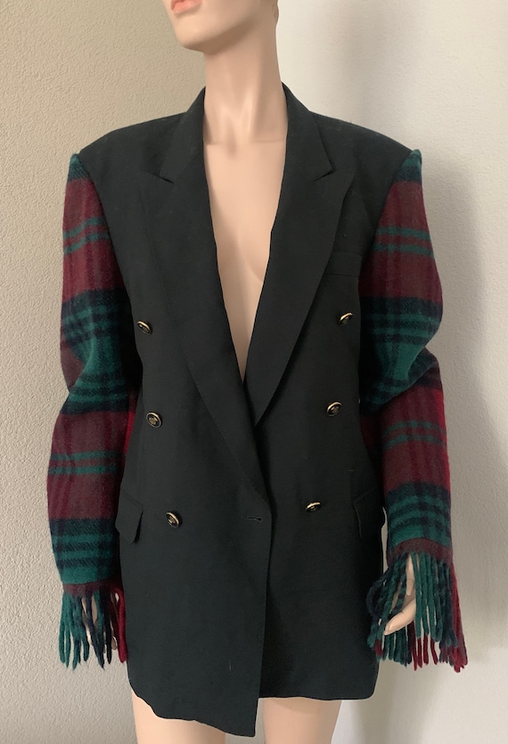 Vintage reworked jacket | dark green| colbert | wool | tartan sleeves | eighties | Desch for men | West Germany | size M