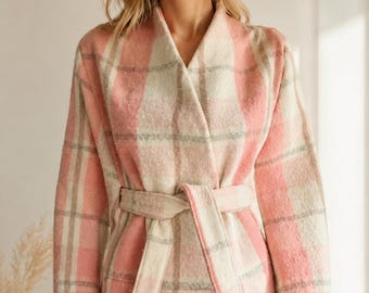 Handmade Wool Blanket Coat: Pink Checkered Cape Jacket (S/M)