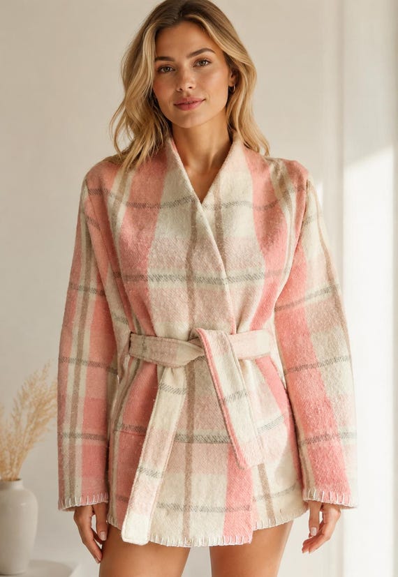 Handmade Wool Blanket Coat: Pink Checkered Cape Jacket (S/M)