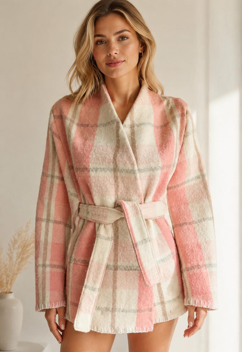Puede incluir: Una chaqueta de manga larga abierta por delante con un patr&oacute;n de cuadros en rosa, crema y gris. La prenda incluye un cintur&oacute;n de tela a juego en la cintura, un cuello ancho y detalles de costura visible en el dobladillo y los pu&ntilde;os.