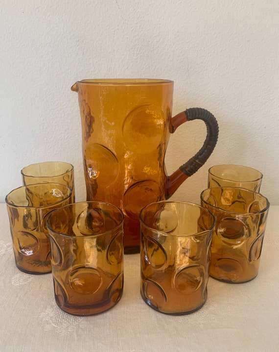 Vintage water glass set including jug | Italian set | cognac color | reddish brown |  leather cover | seventies design | circles