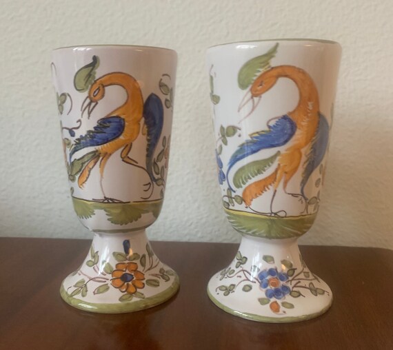 Vintage Moustiers mugs, goblets or vases | ceramic | porcelain | rooster | France | pottery | flower | faience | handmade | fifties