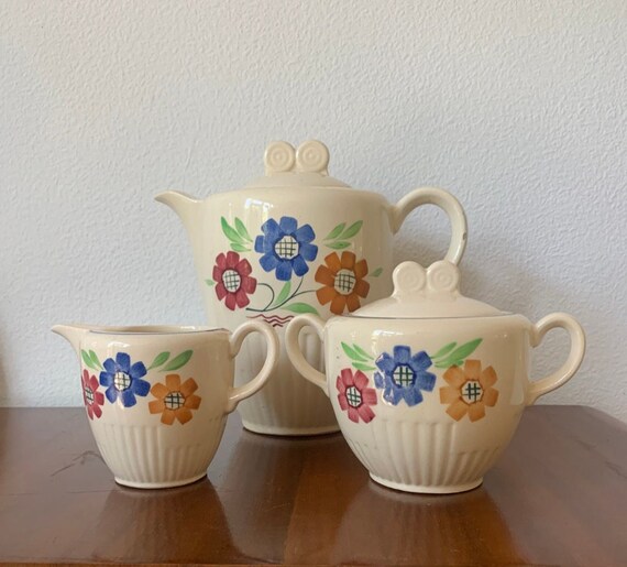 Vintage coffee or tea set | K & G | Luneville | France | Agnés | Keller and Guérin | rare | fifties | hand painted | ceramic