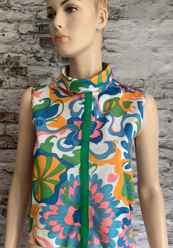 Rodier top | vintage | sixties | color full | shirt | sleeveless | tricot | collar | designer top | French designer | size S/M