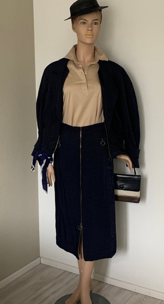 Original Canvas Limited | suit | dark blue | skirt and jacket | two piece set | nineties | vintage | crinkle fabric | size S / M