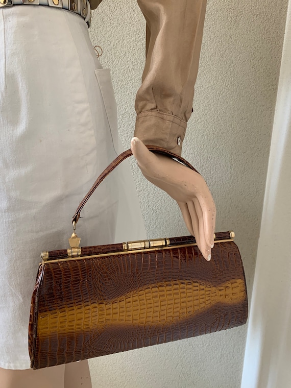 Vintage handbag | artificial leather | top handle bag | snake print | brown tones | eighties