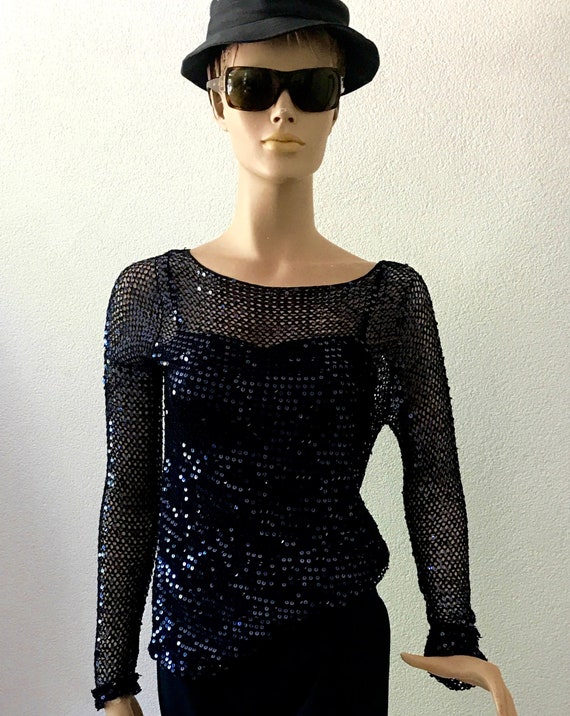Vintage sequins top | blue sequins | shirt | nineties top | top with shirt | gala top | party shirt | stylish | long sleeve | Christmas