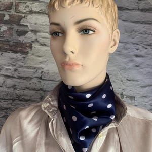 Vintage Polkadot Satin Scarf: Navy Blue & White, 60s Style