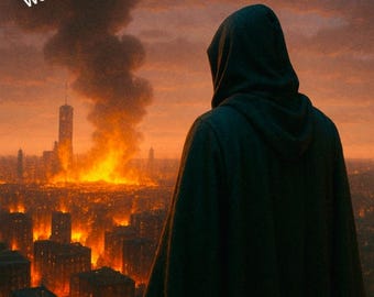 Könnte beinhalten: Ein künstlerisches digitales Gemälde zeigt eine Person in einem dunklen Kapuzenmantel, die über eine Stadt blickt, die von Flammen verschlungen wird. Der Himmel ist feurig orange, und die Gebäude sind gegen die Flammen silhouettiert. Der Text "Watermark removed when purchased" ist sichtbar.