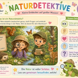 Könnte beinhalten: Ein rechteckiges Lernposter mit dem Titel NATURDETEKTIVE, das eine zentrale Illustration von zwei Kindern zeigt, die einen Wald mit einem Igel, einem Reh und einem Frosch erkunden. Das Poster enthält Text, Symbole und eine Schildkrötenfigur auf einem hellcremefarbenen Hintergrund mit bunten dekorativen Elementen wie Regenbögen, Herzen und Sternen.