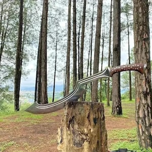 May include: A curved, silver-colored blade with a wooden handle featuring decorative inlays, resting on a tree stump. The blade has a unique, stylized shape. The handle is a dark brown color. The background shows a forest with tall trees.