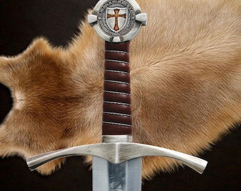 Épée de chevalier du Temple faite main « The Accolade » – Épée de chevalier médiéval en acier à haute teneur en carbone avec fourreau en cuir